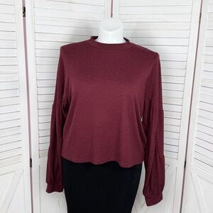 Yakira Bella Tiered Billow Sleeve Mock Neck Knit Top Burgundy Red Large